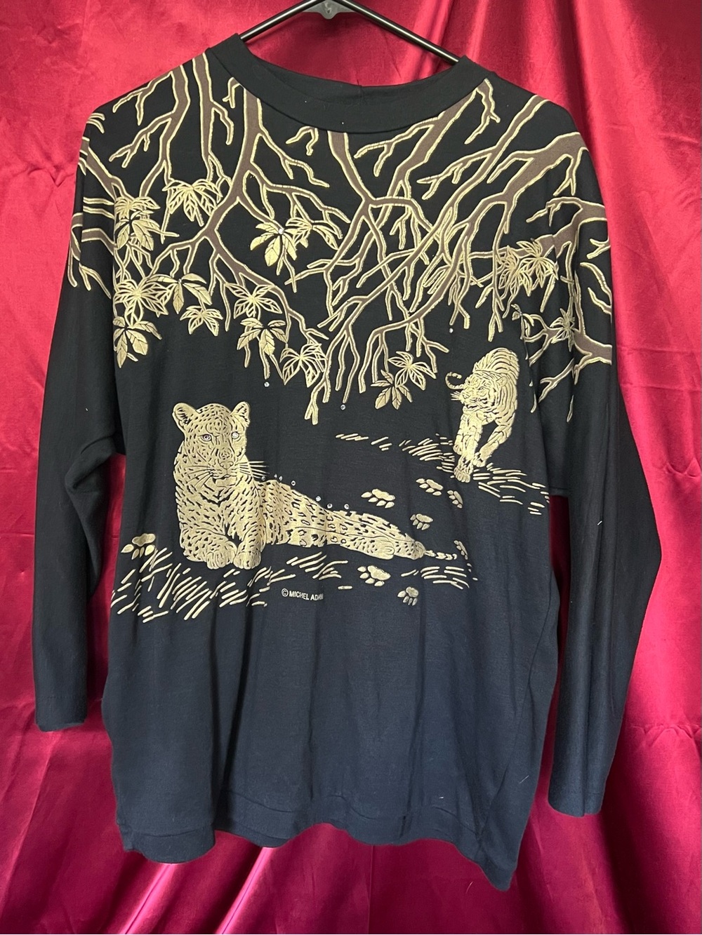 Ladies Black Long-Sleeve Top with Gold Jungle Leopard Print